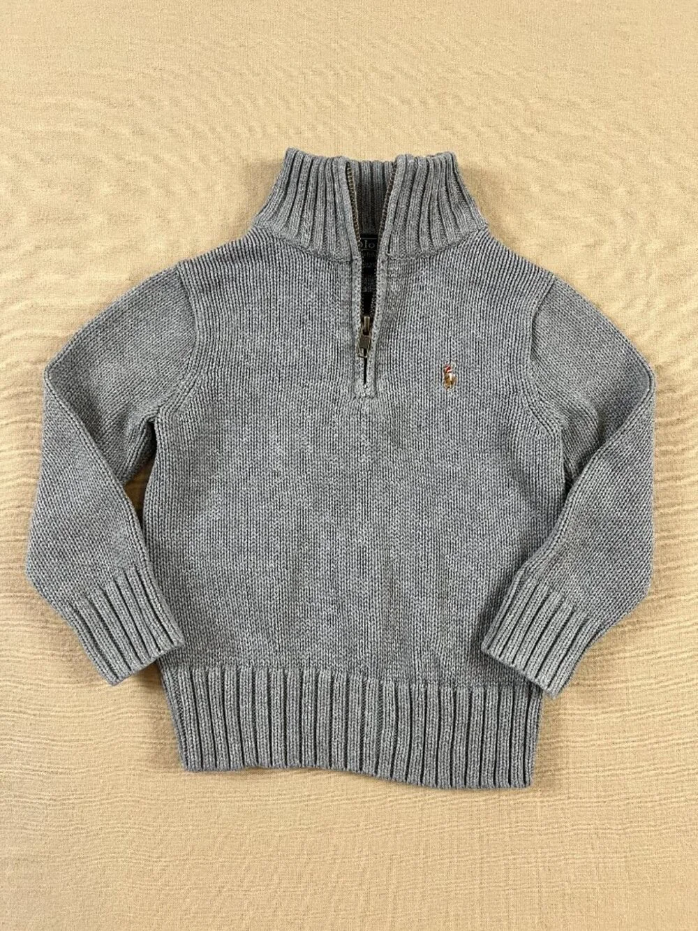 Polo Ralph Lauren Boy's 2T 1/4 Zip Gray Knit Sweater 100% Cotton Classic Pony